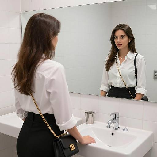Young Woman Looking in Bathroom Mirror