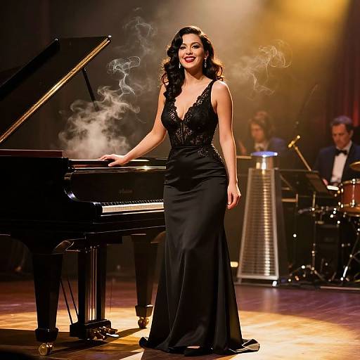 Photograph of a confident woman with dark curly hair, wearing a black lace, deep V-neck gown, standing by a grand piano with smoke rising,