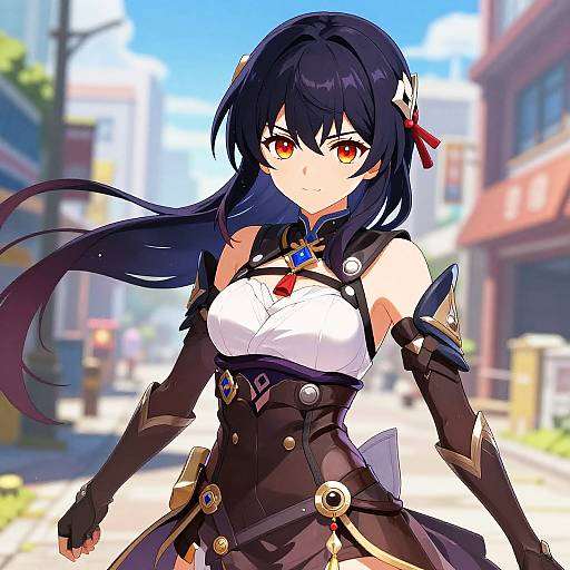 Anime-style digital illustration of a confident, dark-haired girl with red eyes, wearing a black and white armored dress, standing in a sunny, blurred urban