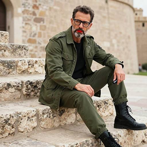 Photograph of a bearded man with dark hair, wearing glasses, green military jacket, black shirt, pants, and boots, sitting on stone steps