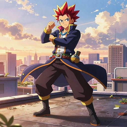 Anime-style Hero Character on Rooftop at Sunset