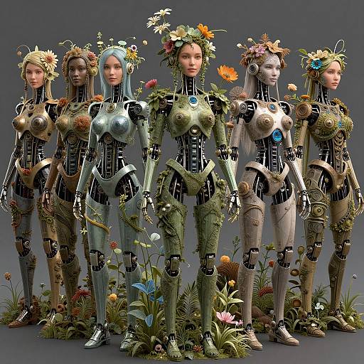 Photorealistic CGI image of five female robots with floral crowns, metallic bodies, and natural elements, standing in a field of colorful flowers.