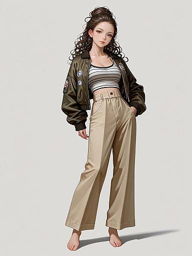 Digital illustration of a curly-haired woman in a black bomber jacket, striped top, and high-waisted beige pants, standing barefoot on a white