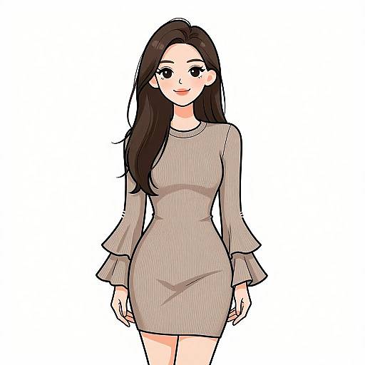 Digital anime-style drawing of a smiling woman with long brown hair, wearing a beige, long-sleeved, ruffle-trim dress, against a