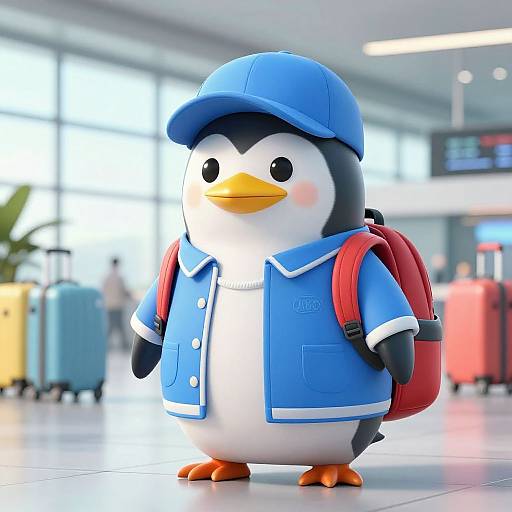 CGI cartoon penguin in blue uniform, cap, and red backpack standing in bright airport terminal with blurred luggage and windows.