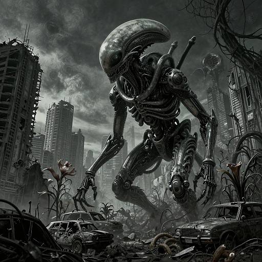 Digital art: A towering, sleek, black alien with a smooth, elongated head and sharp claws emerges from a ruined, dystopian cityscape with