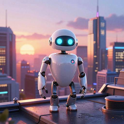CGI image of a white, humanoid robot with glowing blue eyes standing on a rooftop at sunset, with a city skyline in the background.