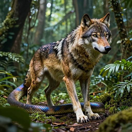 Photorealistic digital artwork of a wolf with a snake coiled around its body in a dense, green forest, sunlight filtering through trees.