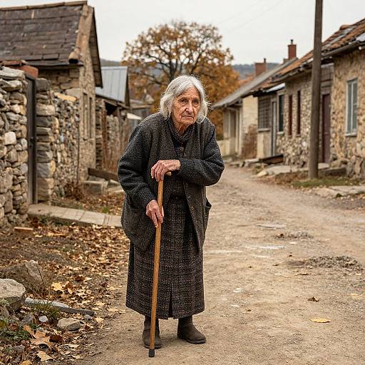 Photograph of an elderly woman with white hair, wearing a dark woolen coat and black boots, using a cane on a rustic, stone-walled