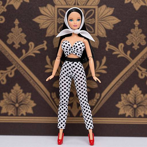 Digital image of a fashion doll with black and white polka dot outfit, white collar, red heels, and black veil, standing against a gold floral