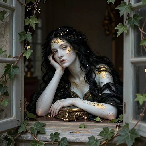 Digital painting of a pale, ethereal woman with long black hair and golden accents, resting on a window ledge, surrounded by ivy. She gaz