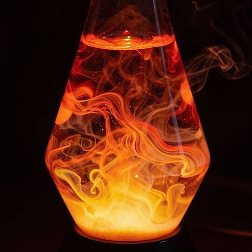 Photograph of a glass beaker filled with vibrant orange and red liquid, with swirling smoke-like flames against a black background.
