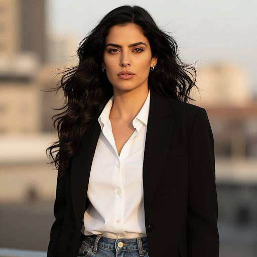 Photograph of a confident South Asian woman with long, wavy black hair, wearing a black blazer over a white shirt and blue jeans, with