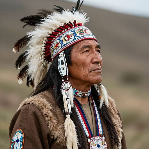 Photograph of an elderly Native American man with long black hair, wearing a colorful feathered headdress, brown fur-trimmed coat, and intricate