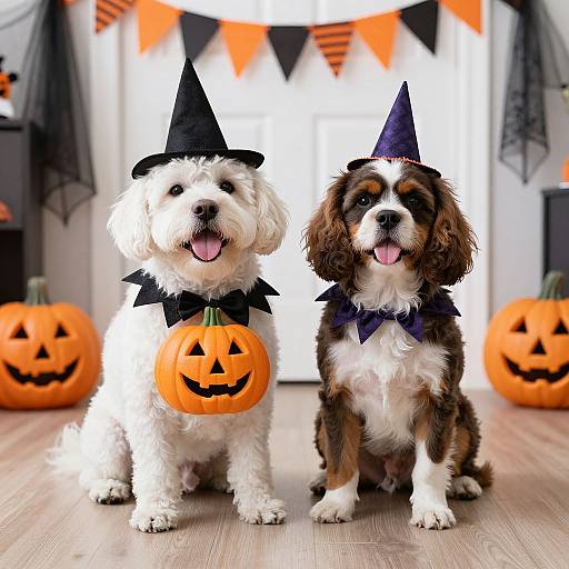 Photograph of two fluffy dogs, one white and one brown and white, wearing black witch hats and black bow collars with carved pumpkin necklaces,