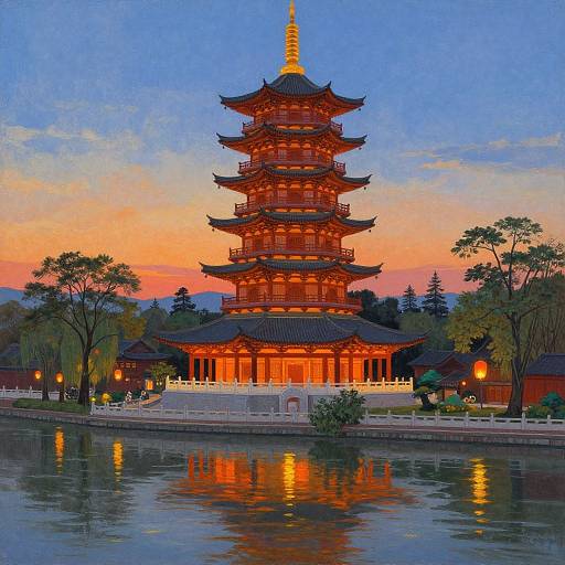 Ancient Pagoda by Lantern-lit River