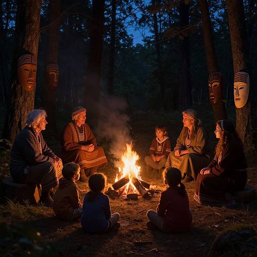 Photograph of a nighttime forest gathering around a campfire, six Indigenous elders and children in traditional clothing, large wooden masks hanging on trees.