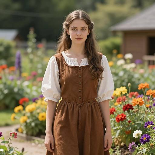 Young Woman in Medieval Peasant Dress in Garden