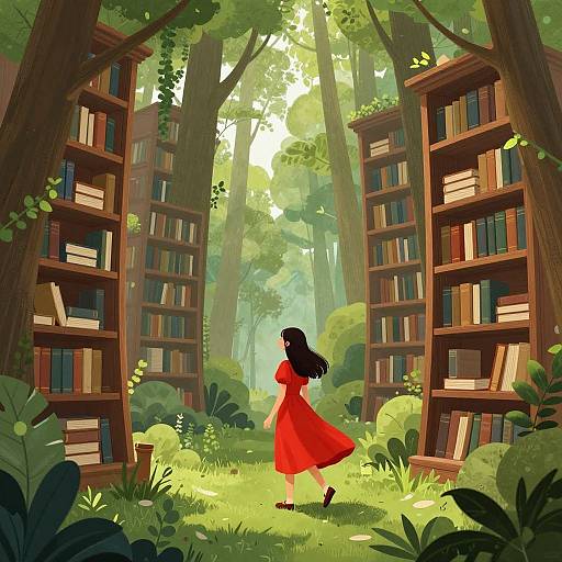 Digital illustration of a woman in a red dress running between two tall, wooden bookshelves in a sunlit, enchanted forest.