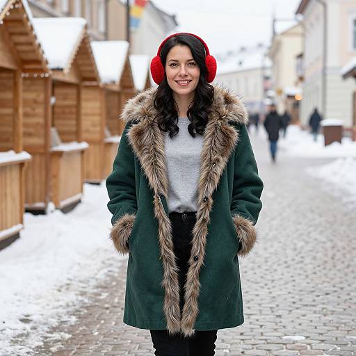 Photograph of a smiling woman in a green fur-trimmed coat, red earmuffs, white top, and black pants, standing on a snowy
