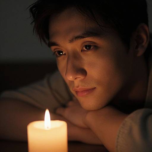 Close-up photograph of a young man with short dark hair, dimly lit by a glowing candle, gazing softly with hands resting on a table.