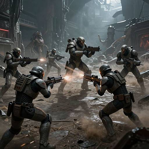 Photorealistic CGI of five armored soldiers firing guns in a smoky, dark, futuristic urban battlefield, surrounded by alien creatures.