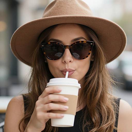 Photograph of a young woman with long brown hair, wearing a brown hat, large tortoiseshell sunglasses, black sleeveless top, sipping