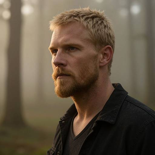 Photograph of a serious, blonde, bearded man with a rugged appearance, wearing a black shirt, standing in a misty forest.