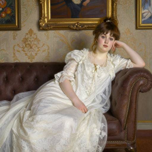 Photograph of a pale-skinned woman with brown hair, wearing a white, lace-trimmed Victorian dress, reclining on a dark brown leather