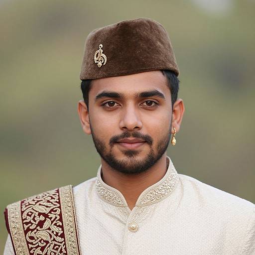 Photograph of a handsome South Asian man with a trimmed beard, wearing a brown cap with a gold emblem, white embroidered shirt, and gold earring