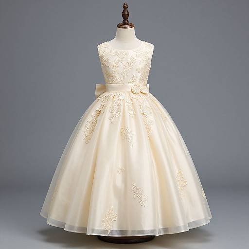 Photograph of a white, sleeveless, lace-embellished, full-skirted wedding dress displayed on a dress form with a dark wooden