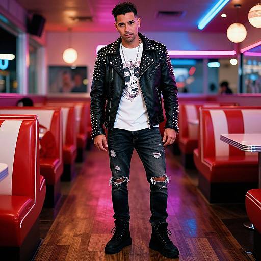 Photograph of a young man with short curly hair, wearing a studded black leather jacket, white t-shirt, ripped black jeans, and black boots