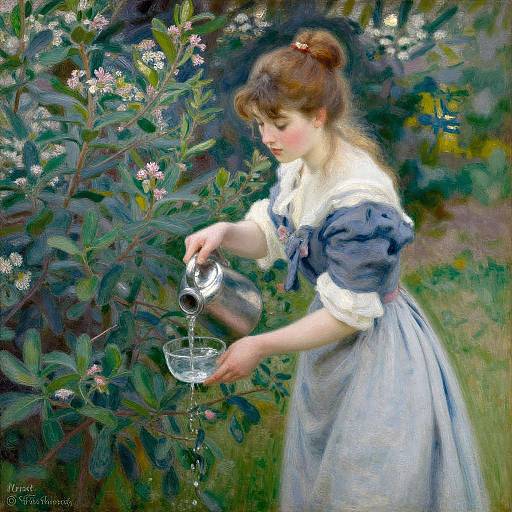 Impressionist-style painting of a young woman in a blue dress with white trim, pouring water from a teacup into a basket, surrounded by