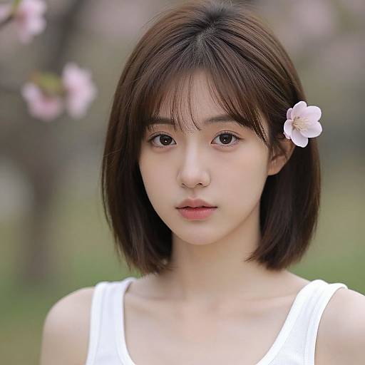 Photograph of a young Asian woman with short brown hair, a pink flower in her hair, wearing a white tank top, with a blurred, spring