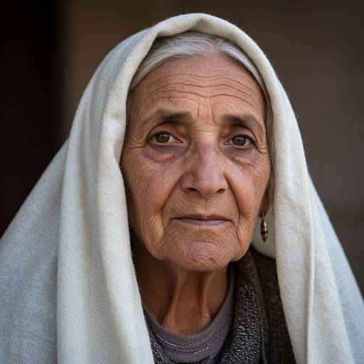 Photograph of an elderly woman with wrinkled skin, wearing a white headscarf and dark clothing, looking directly at the camera with a gentle expression