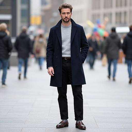 Photograph of a bearded man with brown hair, wearing a black coat, gray sweater, black pants, and brown shoes, standing on a busy