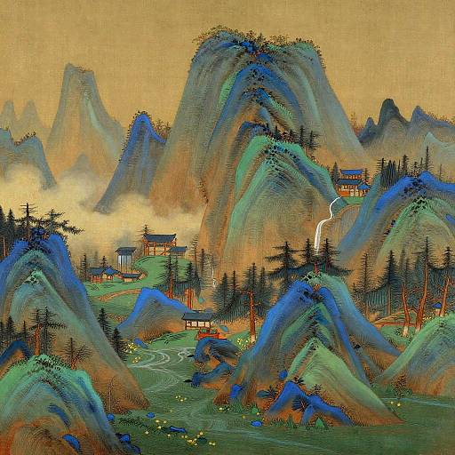 Digital painting of vibrant, blue-green mountains with red-roofed temples, misty valleys, and a waterfall, under a golden sunset sky.