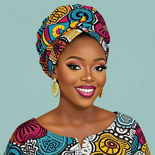 Digital illustration of a smiling African woman with dark skin, colorful patterned headwrap, matching dress, and gold earrings, against a light blue background.