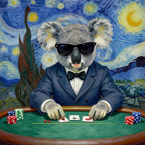 Digital artwork of a koala in a tuxedo and sunglasses, playing poker with chips and cards, under a vibrant Starry Night sky.