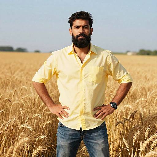 Photograph of a bearded man with dark hair, wearing a yellow shirt and blue jeans, standing confidently in a golden wheat field under a clear blue