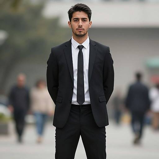 Photograph of a handsome young man with dark hair and beard, wearing a black suit, white shirt, and black tie, standing confidently in a blurred