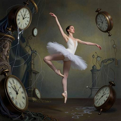 Photograph of a ballet dancer in a white tutu, en pointe, surrounded by large, suspended, ticking clocks in a dimly lit studio