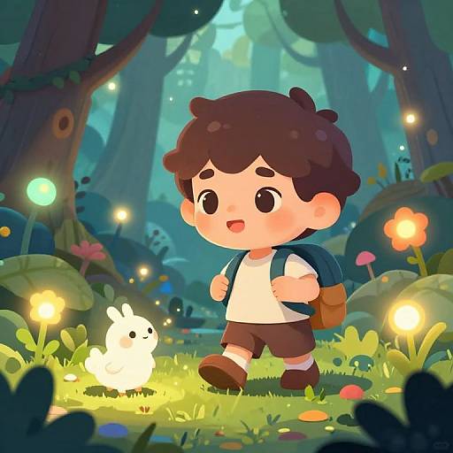 Cartoon Boy Exploring Magical Forest