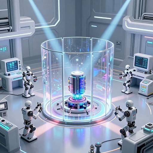 Digital artwork: Six white robotic scientists surround a glowing, cylindrical, transparent containment unit with a blue-lit, futuristic device inside. High-tech lab background