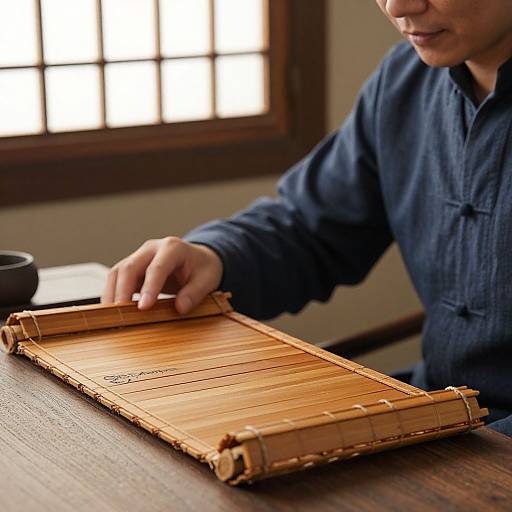 Photograph of an Asian man in a blue shirt, gently touching a traditional bamboo flute on a wooden table near a window.