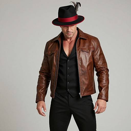 Photograph of a muscular man with fair skin, wearing a black hat with a feather, brown leather jacket, black shirt, and pants, against a
