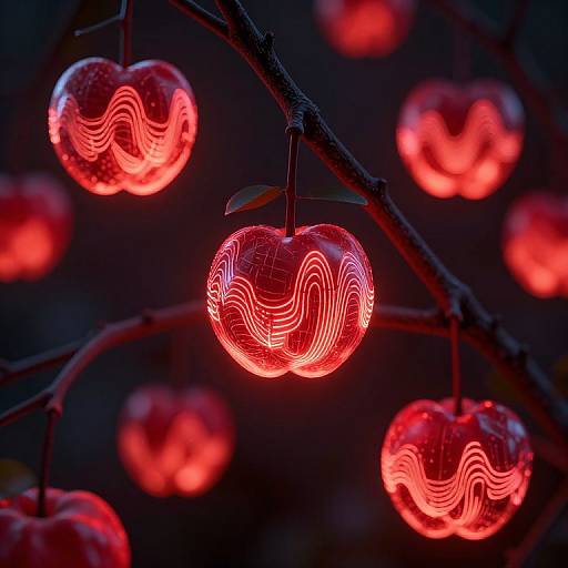 Photograph of glowing red apples with wavy neon wire patterns, hanging from dark branches, creating an ethereal, illuminated effect.
