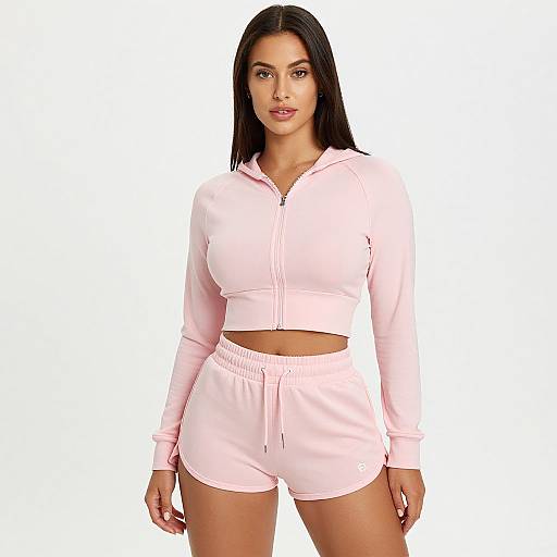 Photograph of a confident woman with long black hair, wearing a pink zip-up hoodie and matching pink shorts, standing against a plain white background.