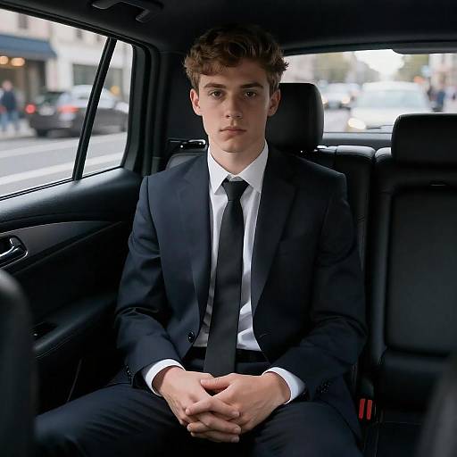 Young Man in Suit Sitting in Luxury Car