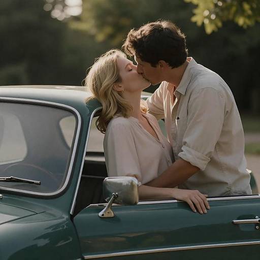 Romantic Kiss in Vintage Green Car